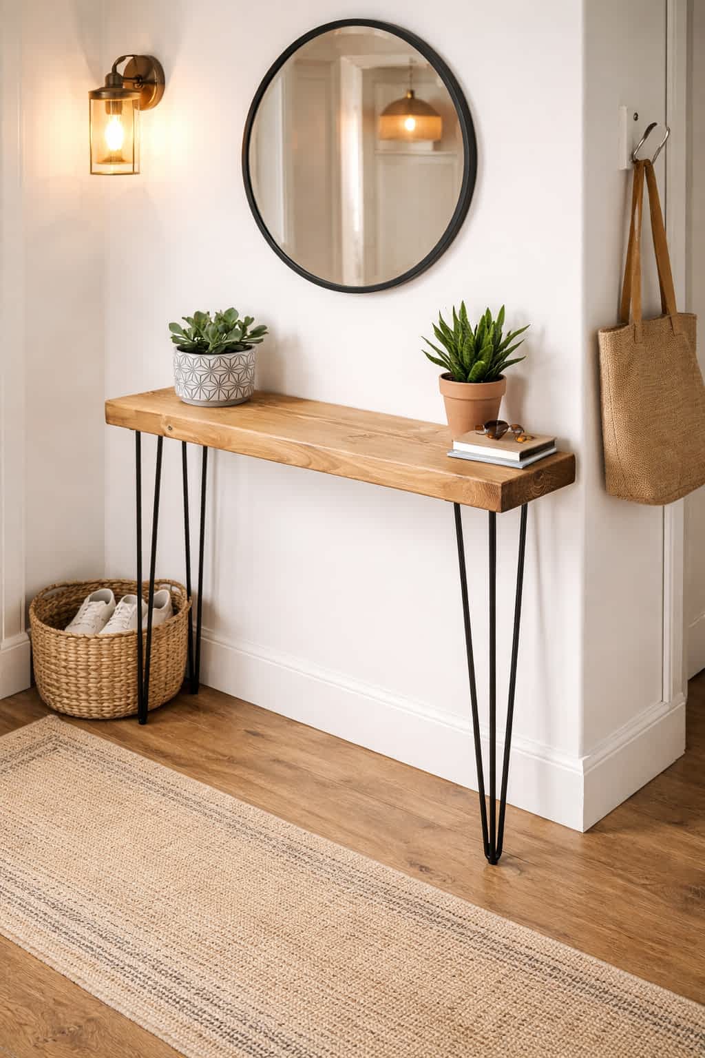 Rustic Solid Wooden Narrow Hallway Entrance Shelf